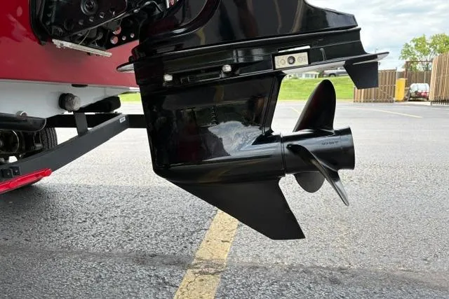 Slide: The Image of 2025 Tracker Off Road Pro Team 175 boat motor and propeller close-up. - 45