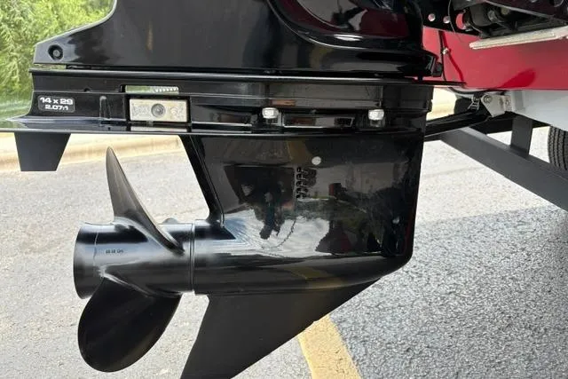 Slide: The Image of 2025 Tracker Off Road Pro Team 175 boat motor and propeller close-up. - 44