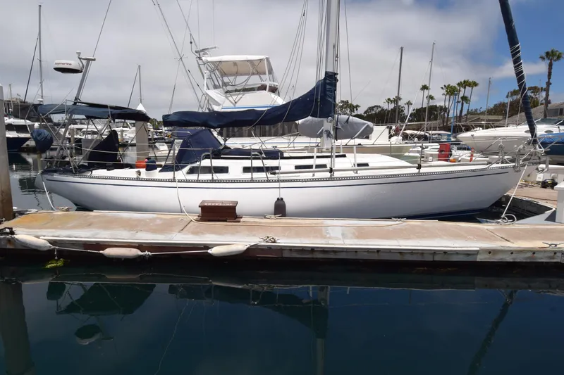 The Image of 1991 Catalina 38 sailboat docked at marina, featuring sleek design and blue sail covers. - 0