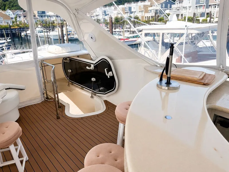 Slide: The Image of The 2006 Marquis 65 features an elegant flybridge with a bar, stools, and a view of the marina. - 46