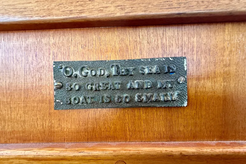 Slide: The Image of Plaque on 2000 Nordic Tug 37 with quote: "O, God, Thy sea is so great..." - 82