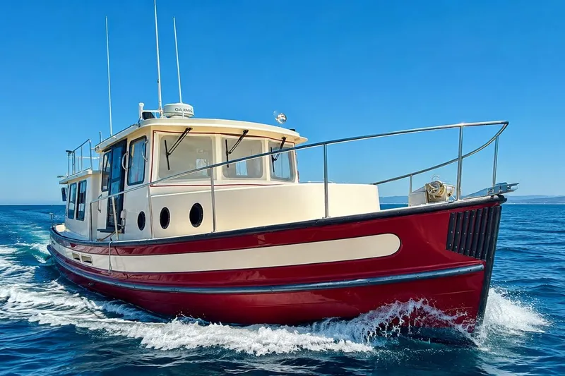 The Image of Nordic Tug 37, 2000 model, cruising on clear blue ocean waters. - 0