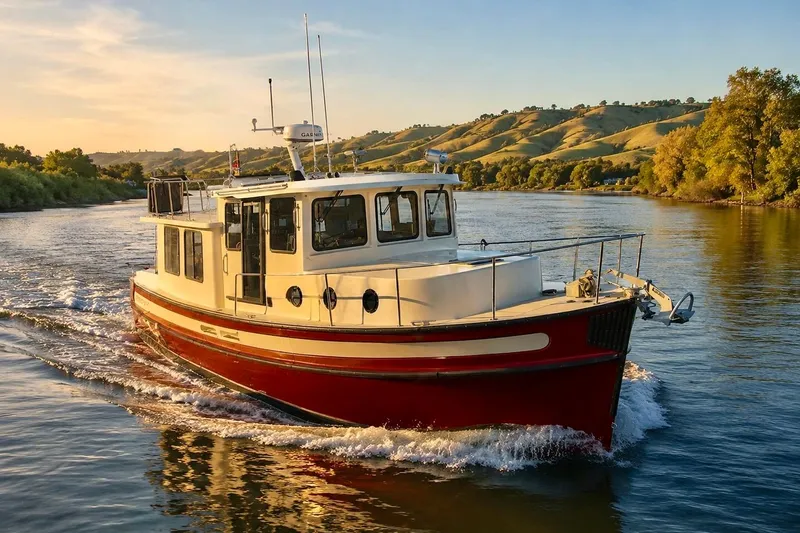 Slide: The Image of 2000 Nordic Tug 37 cruising on a scenic river at sunset. - 4