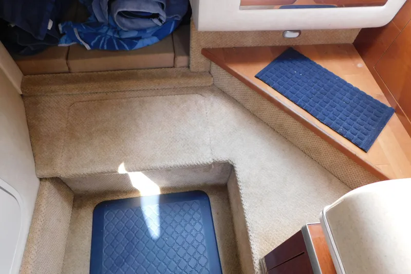 Slide: The Image of Interior of a 2010 Sea Ray Sundancer 260 with carpeted steps and blue mats. - 47