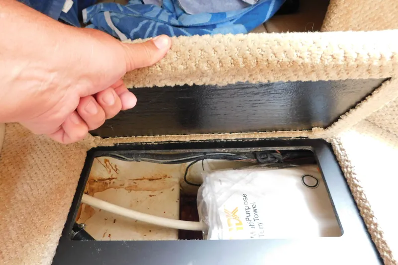 Slide: The Image of Hand lifting carpeted hatch on 2010 Sea Ray Sundancer 260, revealing storage compartment. - 48
