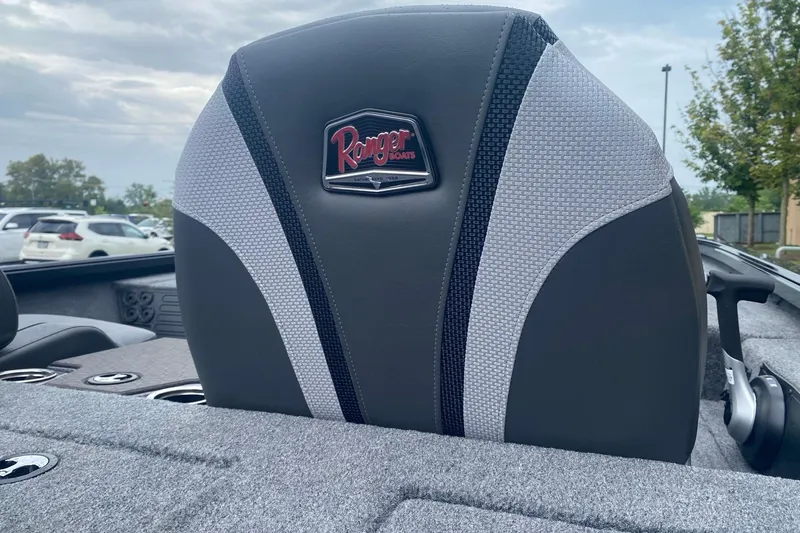 Slide: The Image of 2026 Ranger ALPHA 208 boat seat with logo, featuring sleek gray and black design. - 5