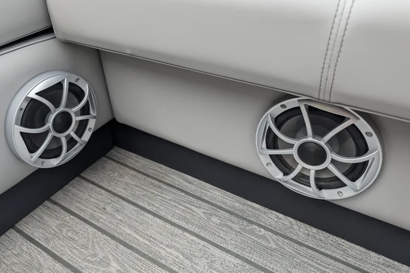 Slide: The Image of Speakers on a 2026 Ranger 220F boat with gray interior and flooring. - 15
