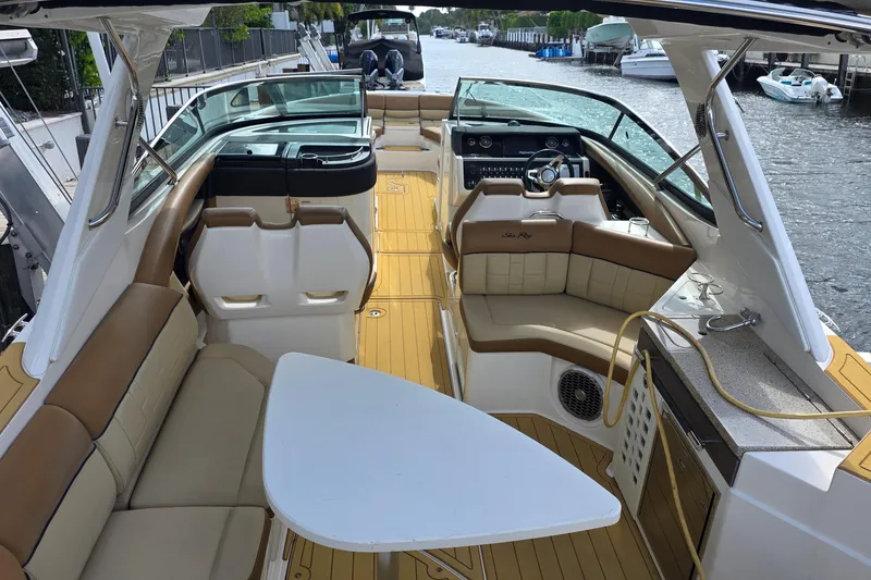 Slide: The Image of Luxurious 2015 Sea Ray SLX 350 boat interior with spacious seating and elegant design. - 14