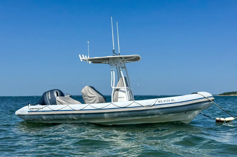 The Image of 2019 Ribcraft 6.8 boat anchored on calm blue water under clear sky. - 0