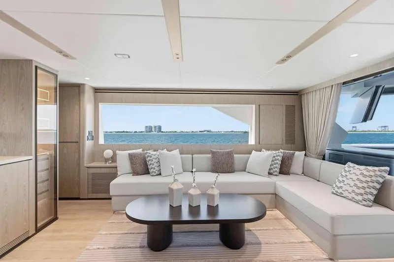 Slide: The Image of Luxurious interior of 2026 Horizon FD100 yacht with elegant seating and ocean view. - 30