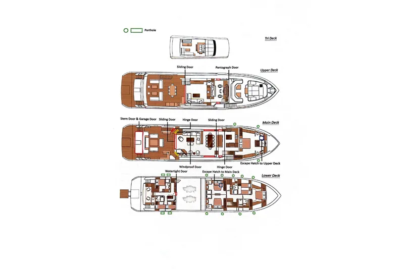Slide: The Image of Deck layout of 2026 Horizon FD100 yacht, featuring tri, upper, main, and lower decks. - 48