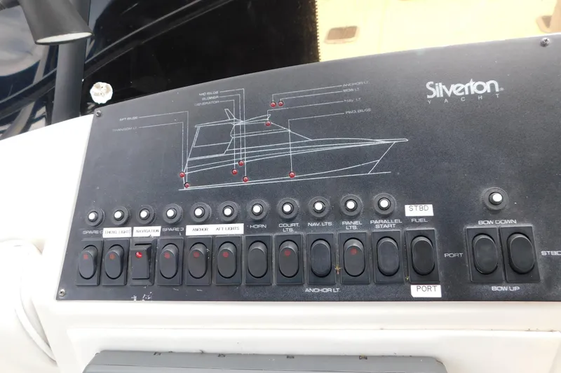 Slide: The Image of Control panel of a 1992 Silverton 41 Aft Cabin yacht with labeled switches. - 27