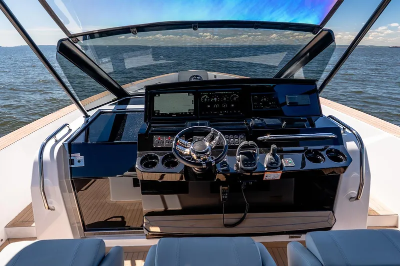 Slide: The Image of Cockpit of 2024 Pardo Yachts 43, featuring modern controls and ocean view. - 33