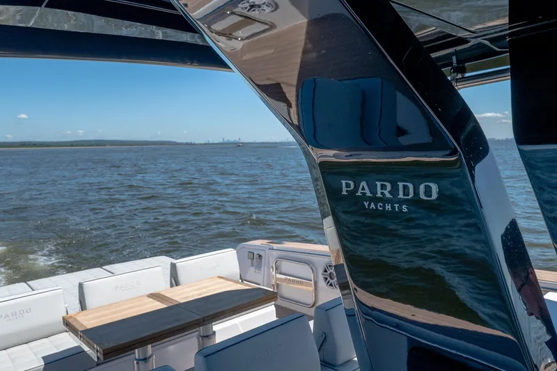 Slide: The Image of 2024 Pardo Yachts 43 cruising on open water, showcasing sleek design and luxury features. - 27