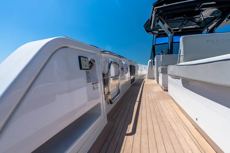 Slide: The Image of 2024 Pardo Yachts 43 deck with sleek design and modern features under clear blue sky. - 14