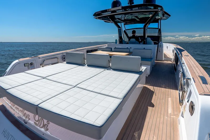Slide: The Image of 2024 Pardo Yachts 43 luxury yacht with spacious deck and seating on open water. - 17
