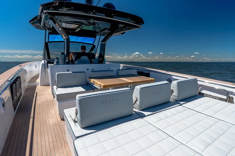 Slide: The Image of 2024 Pardo Yachts 43 luxury yacht with spacious deck and seating on open water. - 15