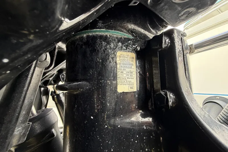Slide: The Image of Close-up of a 2016 Extreme Boats XC38 engine component with visible label details. - 68