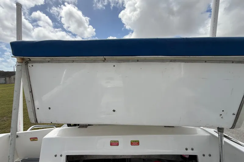 Slide: The Image of 2016 Extreme Boats XC38 with blue canopy under cloudy sky. - 94