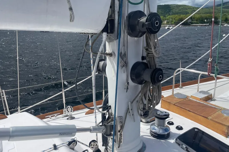 Slide: The Image of Deck view of 1985 Hinckley Sou'wester 59 sailboat with rigging and winches. - 8