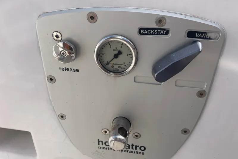 Slide: The Image of Control panel of a 1985 Hinckley Sou'wester 59 sailboat with hydraulic gauges. - 9
