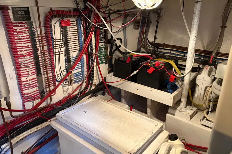 Slide: The Image of Electrical wiring and battery setup in 1996 Grand Banks 40 Eastbay EX boat. - 41
