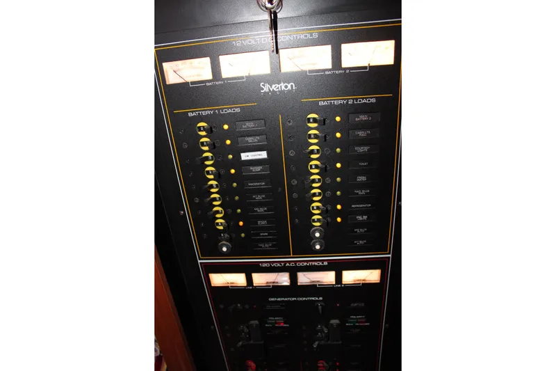 Slide: The Image of Electrical control panel of a 1996 Silverton 41 Convertible boat, featuring battery load indicators. - 27
