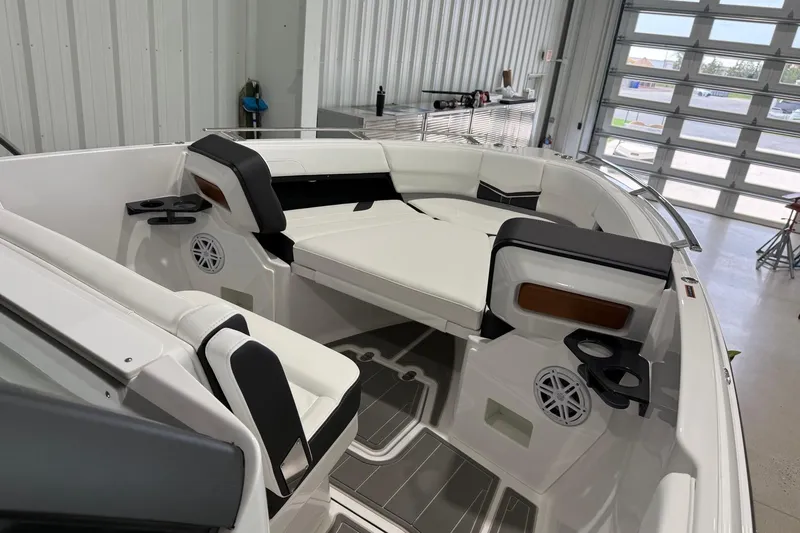 Slide: The Image of Luxurious interior of 2027 Monterey Elite 27 OB boat with plush seating and modern design. - 4