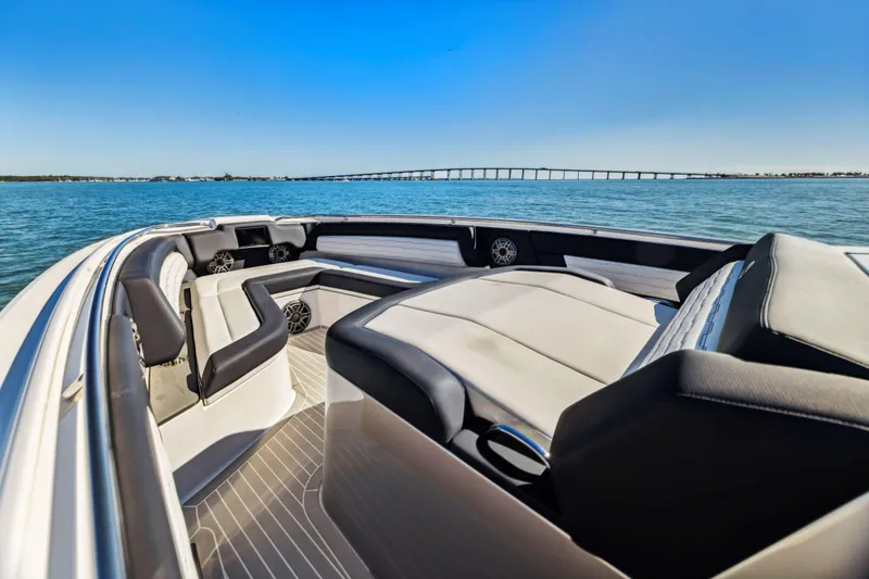 Slide: The Image of Luxurious 2022 Cigarette 42 Auroris boat interior with sleek seating and ocean view. - 24