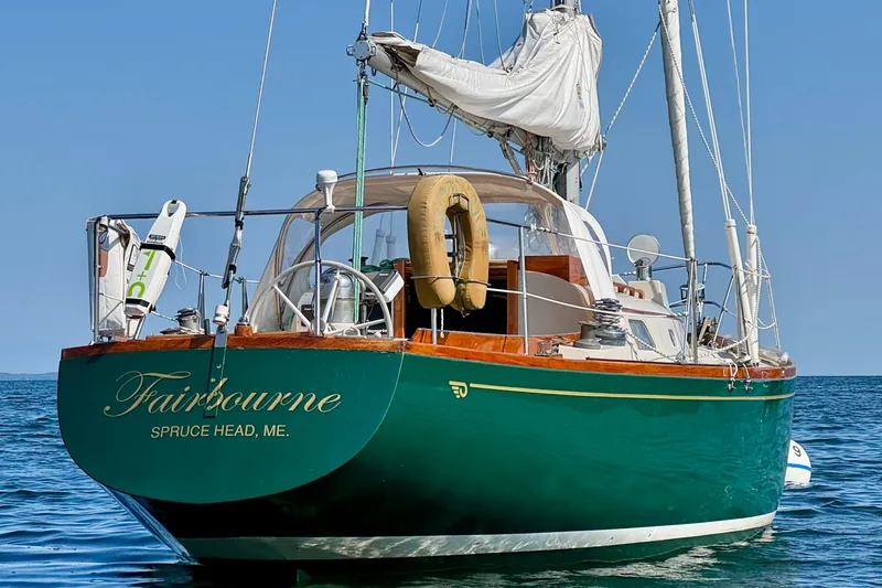 Slide: The Image of Classic 1970 Hincley 38 sailboat "Fairbourne" on calm sea, Spruce Head, Maine. - 7