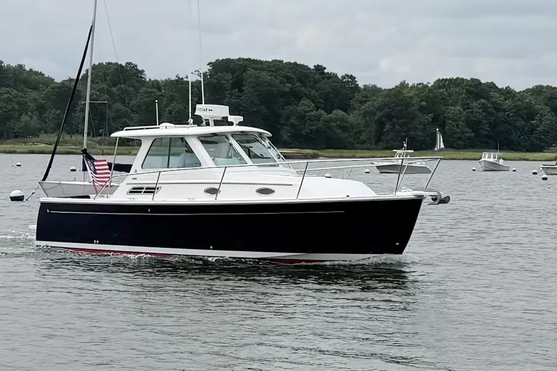 Slide: The Image of 2006 Back Cove 29 boat cruising on a calm lake with lush green shoreline. - 11