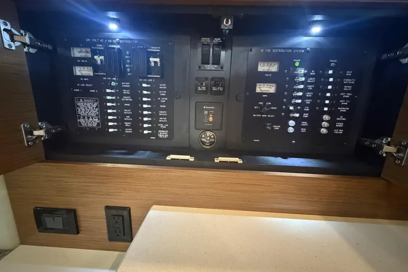 Slide: The Image of Electrical control panel inside a 2015 Cruisers 390 boat, featuring various switches and indicators. - 19