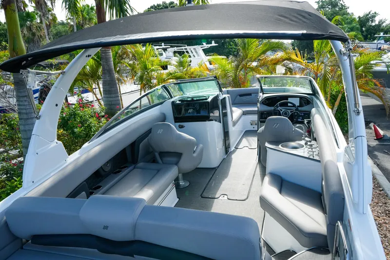 Slide: The Image of 2027 Four Winns HD8 OB boat interior with sleek seating and modern design. - 9