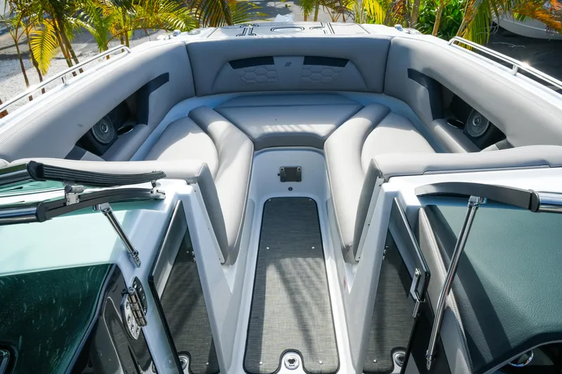 Slide: The Image of Luxurious interior of 2027 Four Winns HD8 OB boat with plush seating and modern design. - 22