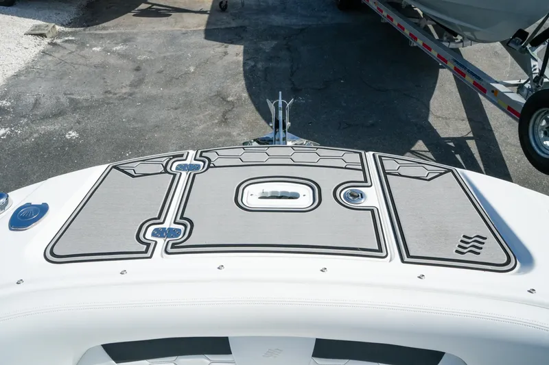 Slide: The Image of 2026 Four Winns HD8 OB boat deck with sleek design and modern fittings. - 17