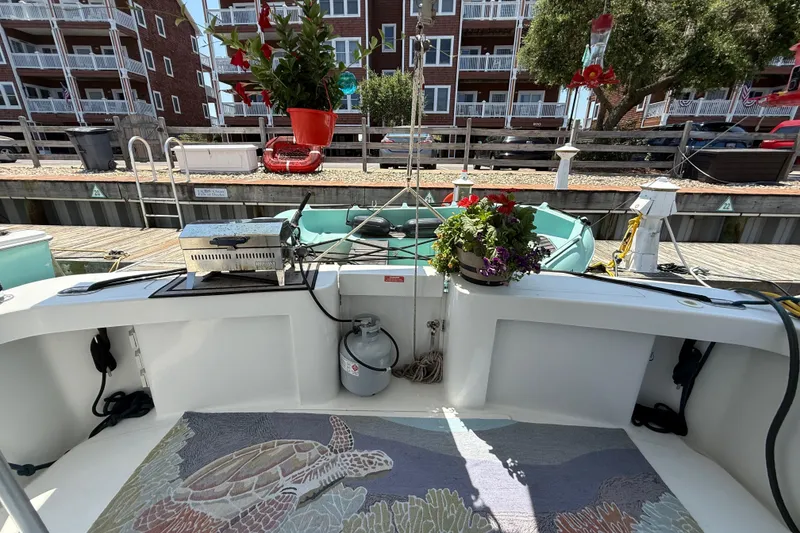 Slide: The Image of Mainship 390 Trawler 2000 with decorative plants and turtle-themed mat on deck. - 10