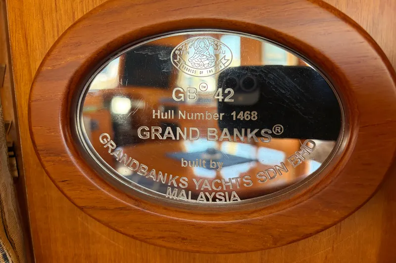 Slide: The Image of Plaque on 2001 Grand Banks 42 Classic yacht, hull number 1468, built in Malaysia. - 42
