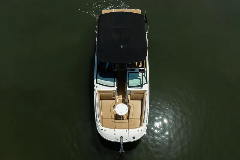 Slide: The Image of Top view of 2022 Sea Ray SDX 290 boat on calm water. - 12