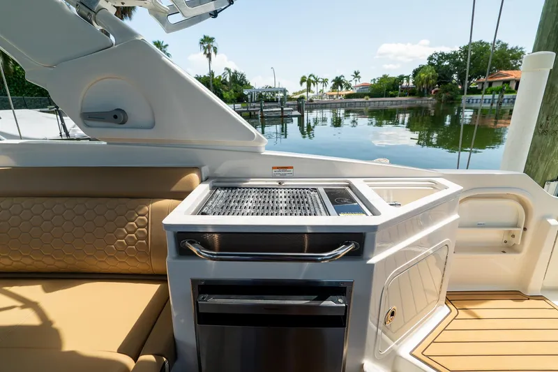 Slide: The Image of Luxurious 2022 Sea Ray SDX 290 boat interior with grill and seating by the water. - 40