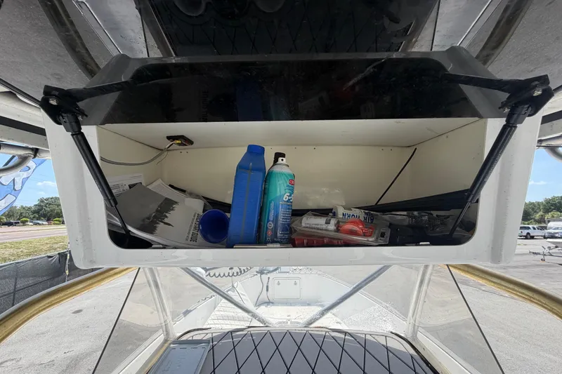 Slide: The Image of Open storage compartment on a 2006 Pro Sports 2550 BW boat, containing various items. - 21