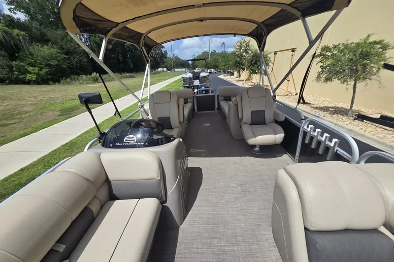 Slide: The Image of 2021 Sun Tracker Party Barge 24 DLX pontoon boat with spacious seating and canopy. - 7