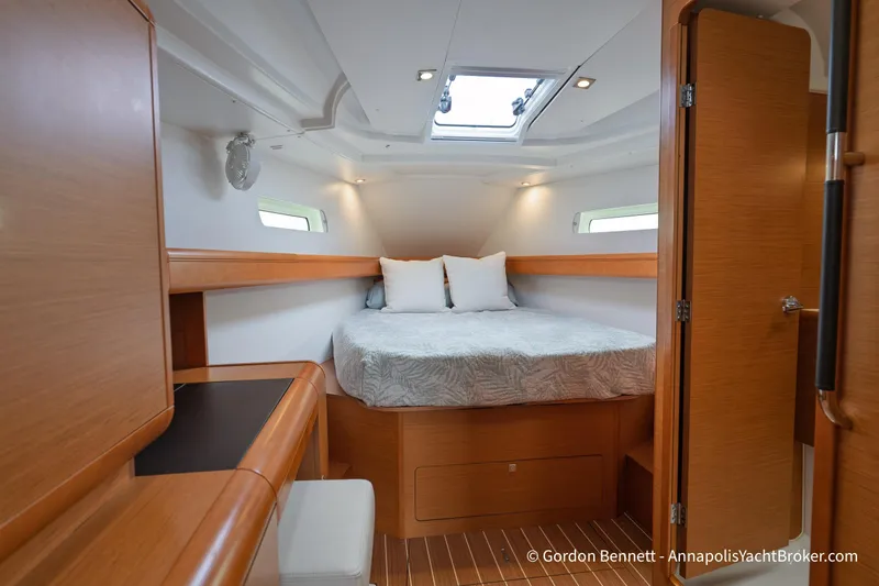 Slide: The Image of Luxurious cabin interior of 2015 Jeanneau Sun Odyssey 439 yacht with cozy bed. - 46