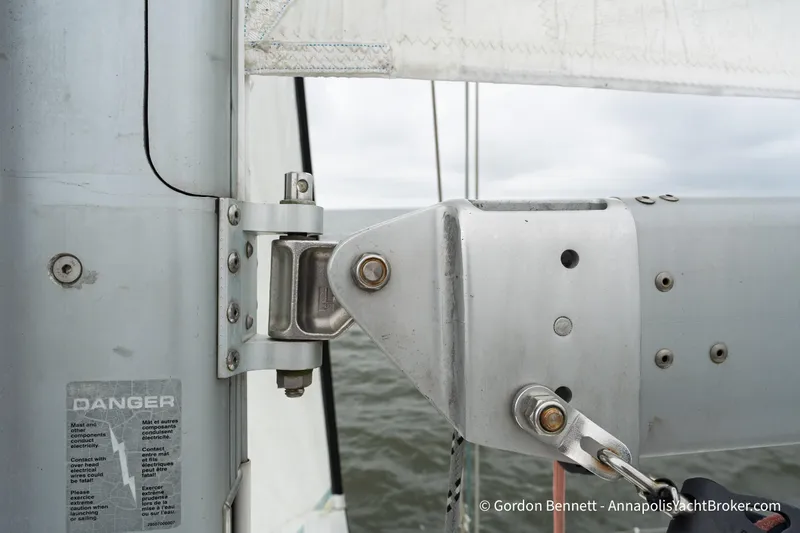 Slide: The Image of Close-up of Jeanneau Sun Odyssey 439 sailboat rigging, 2015 model, showing mast and boom connection. - 19
