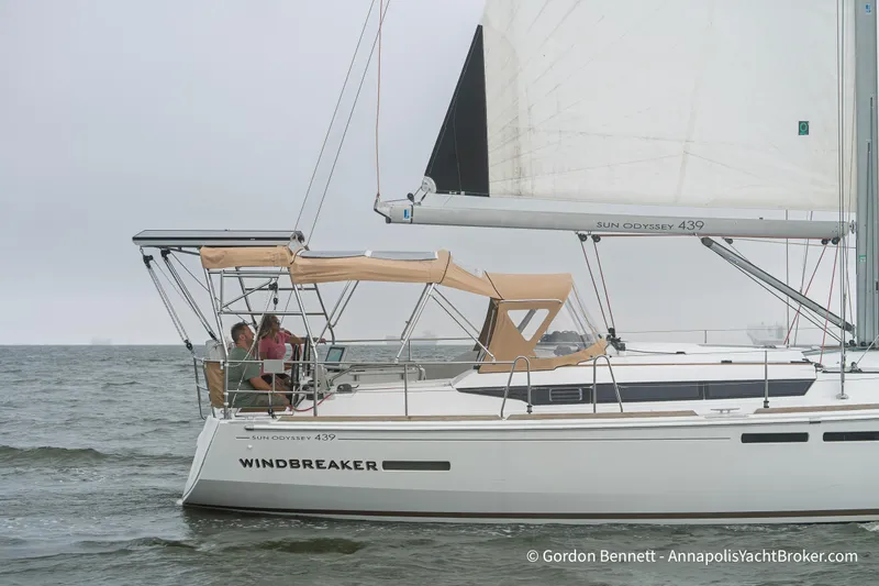 Slide: The Image of 2015 Jeanneau Sun Odyssey 439 sailboat "Windbreaker" sailing on calm waters. - 9