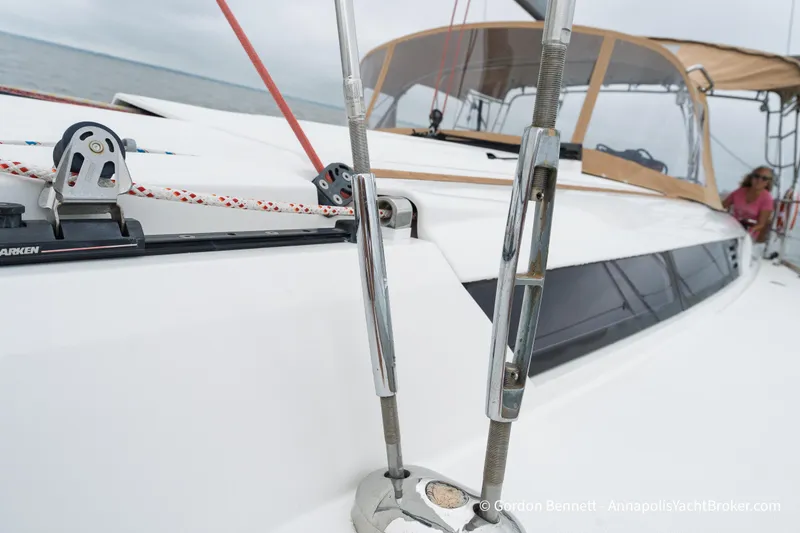 Slide: The Image of 2015 Jeanneau Sun Odyssey 439 sailboat deck with rigging and cockpit view. - 18