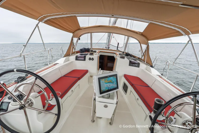Slide: The Image of Cockpit of 2015 Jeanneau Sun Odyssey 439 sailboat with dual steering wheels and navigation display. - 3
