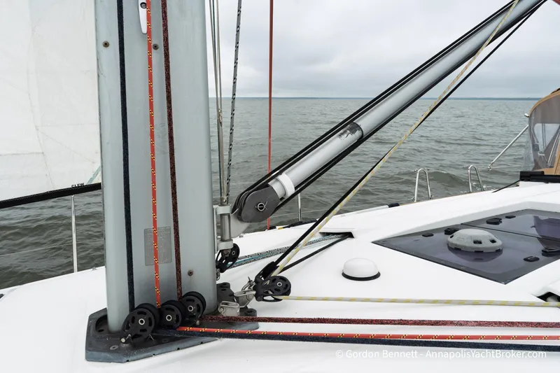 Slide: The Image of 2015 Jeanneau Sun Odyssey 439 sailboat deck with rigging and ocean view. - 17