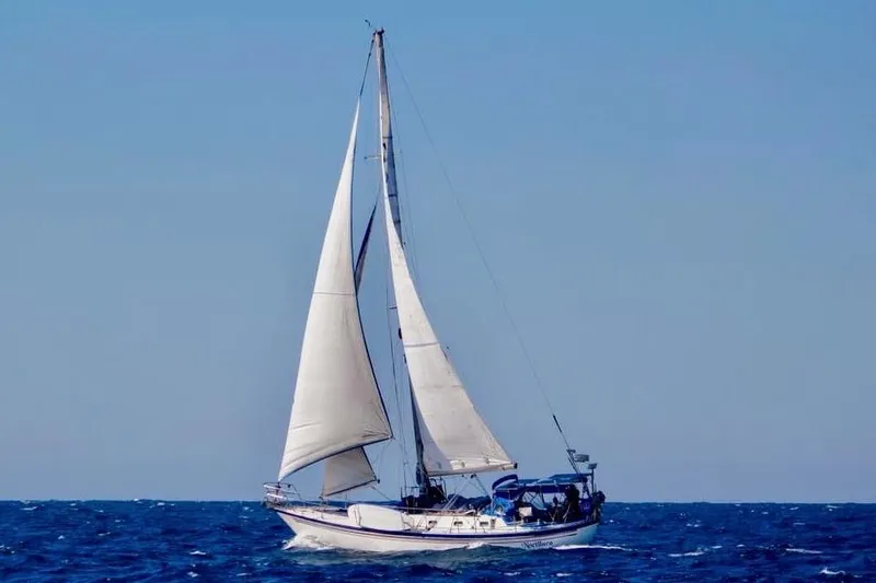 The Image of 1989 Tayana Vancouver 42 sailboat navigating open sea under clear blue sky. - 1