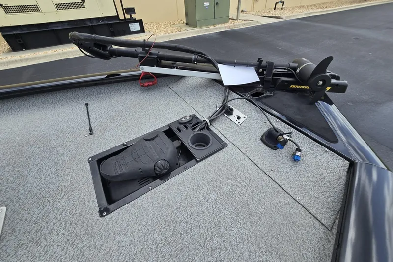 Slide: The Image of 2020 G3 Sportsman 1610 SS boat deck with trolling motor and foot pedal controls. - 5