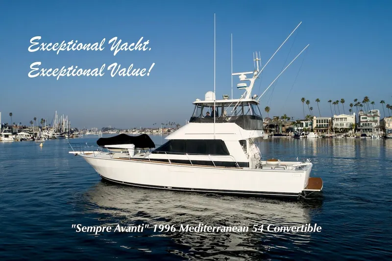 The Image of 1996 Mediterranean 54 Convertible yacht cruising in a scenic harbor. - 0